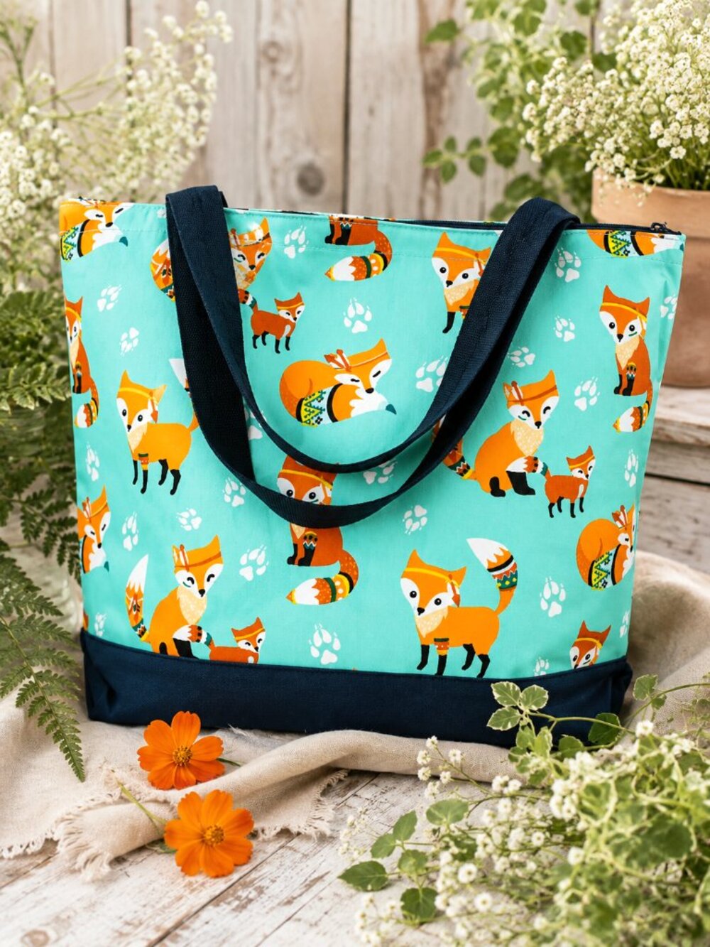 Whimsical Fox Print Tote Bag Aqua Orange Woodland Animal Navy Handles NWT